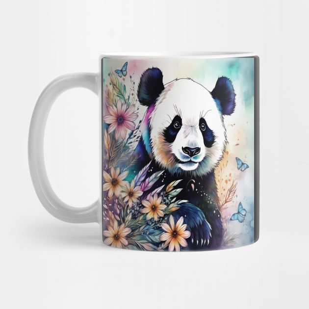 Fantasy, Watercolor, Panda Bear With Flowers and Butterflie by BirdsnStuff